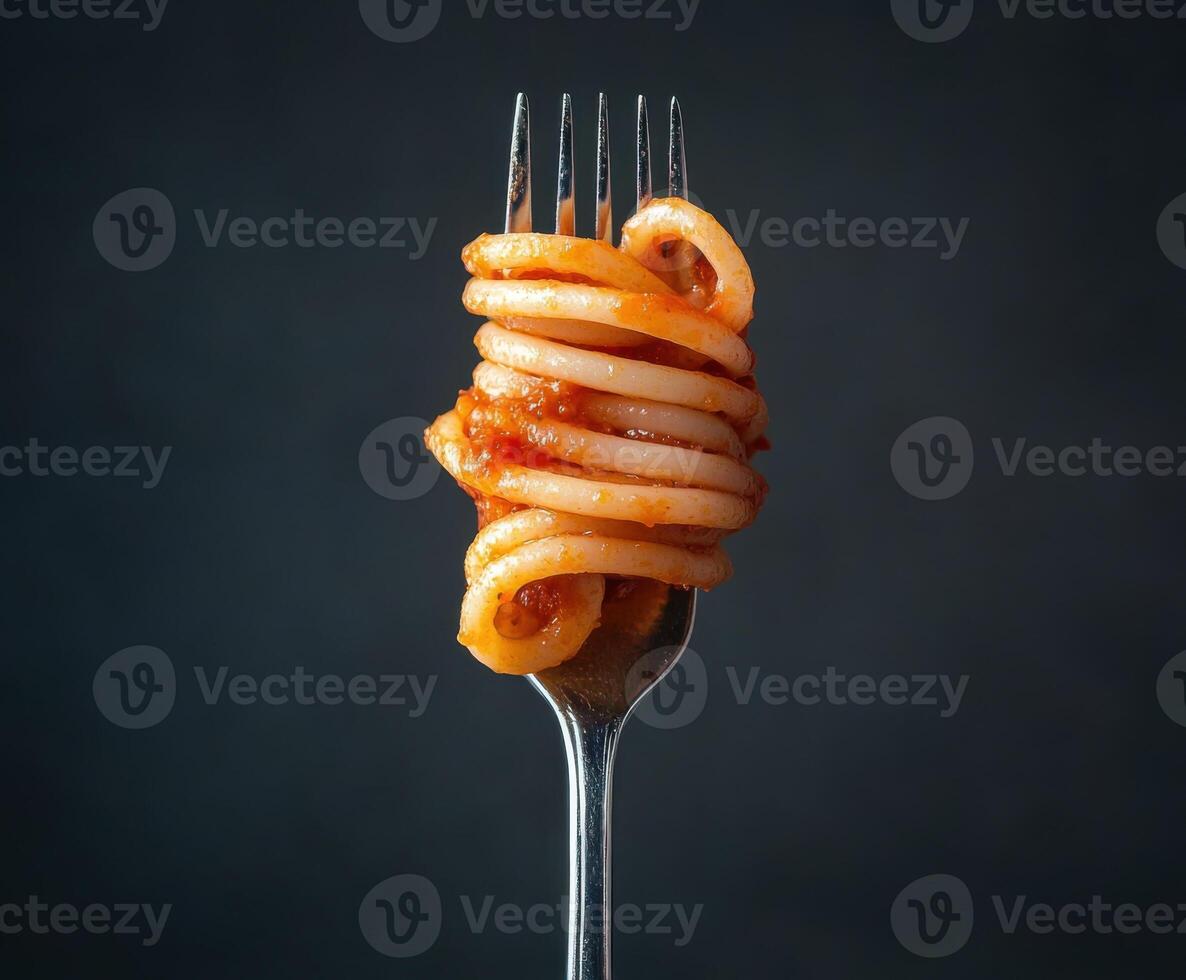 Fork held with pasta showcasing a delightful twist of spaghetti covered in savory sauce photo