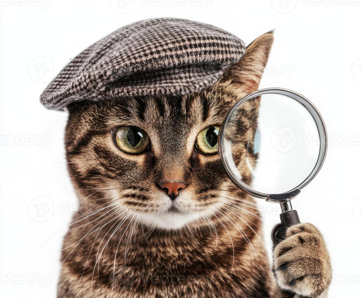 Curious cat wearing a detective hat holds a magnifying glass with an inquisitive expression photo