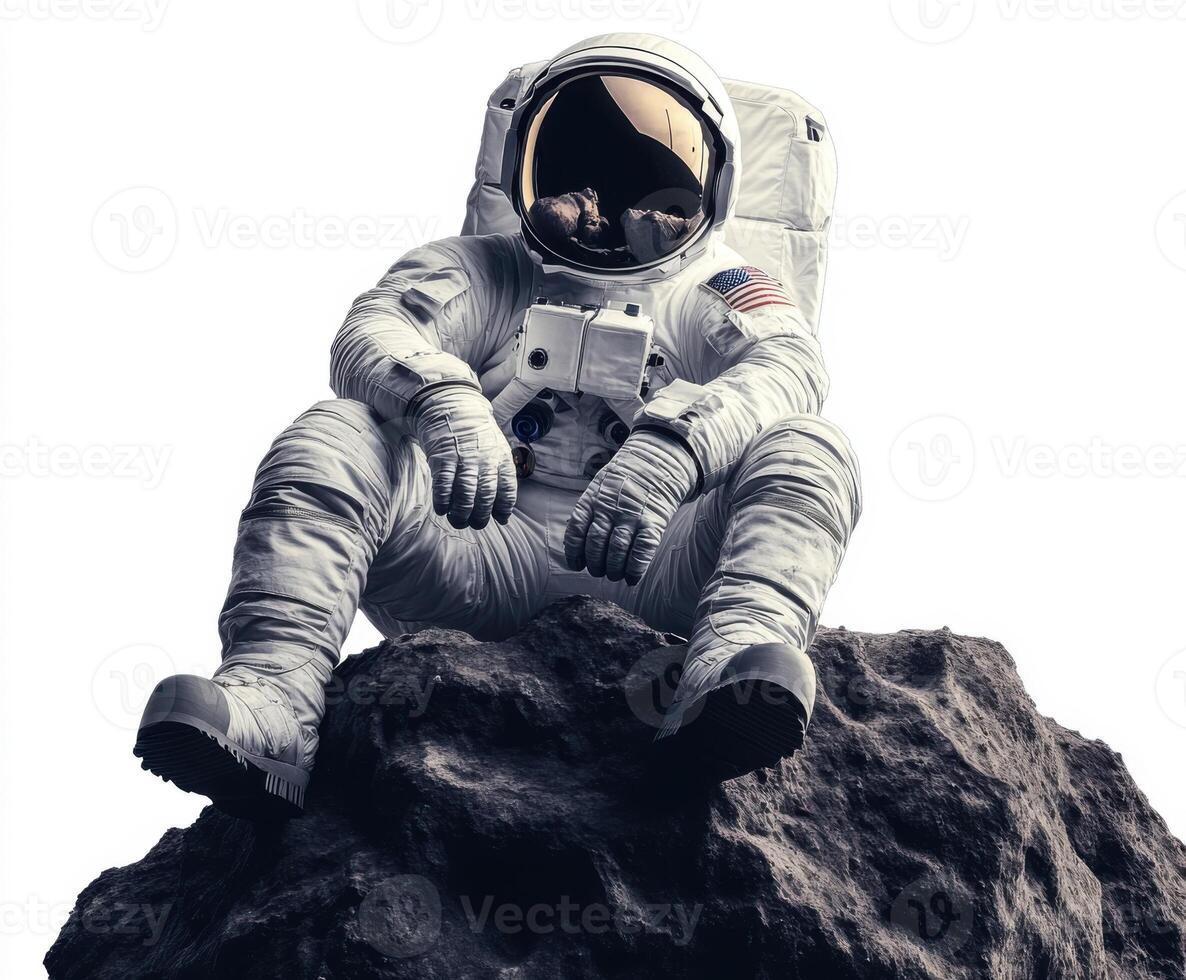 Astronaut sitting on asteroid, experiencing cosmic solitude in space environment photo