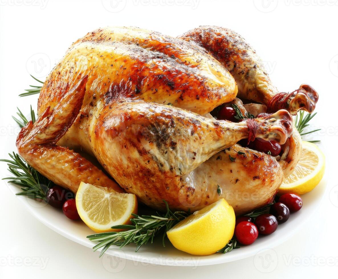 Perfectly roasted turkey garnished with fresh herbs and citrus for a festive table setting photo