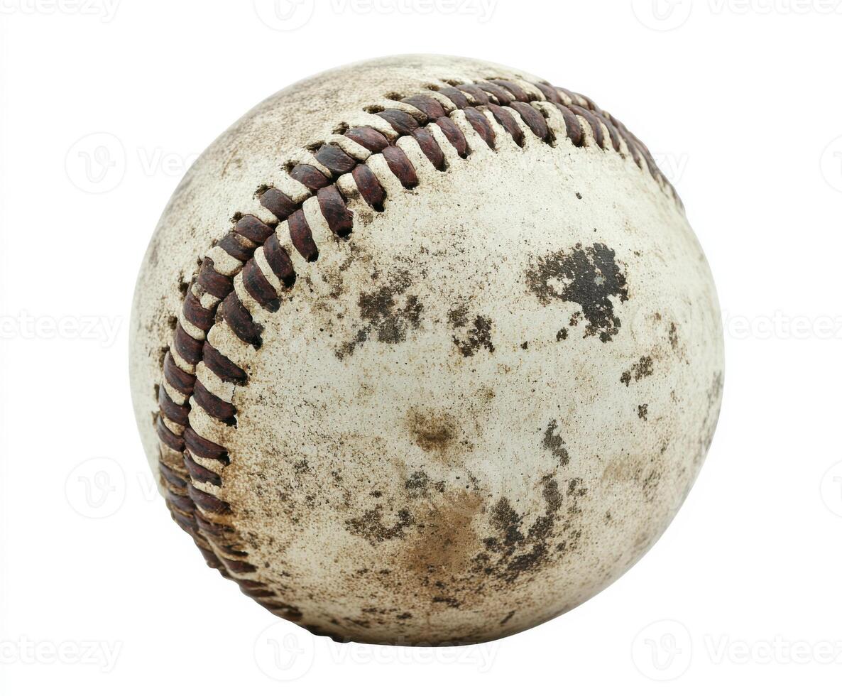Worn baseball displaying signs of extensive use and weathering found in an outdoor setting photo