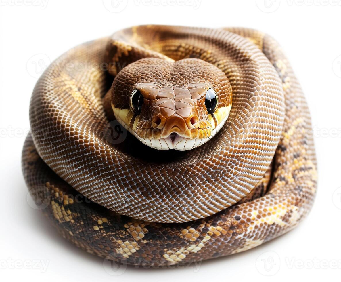 Brown snake coiled up with distinct patterns and a calm demeanor in a bright setting photo