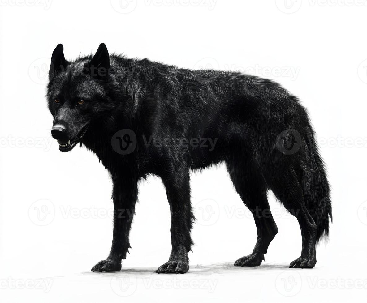 Black wolf standing confidently on a plain white background showcasing its sleek fur and piercing gaze during daylight hours photo