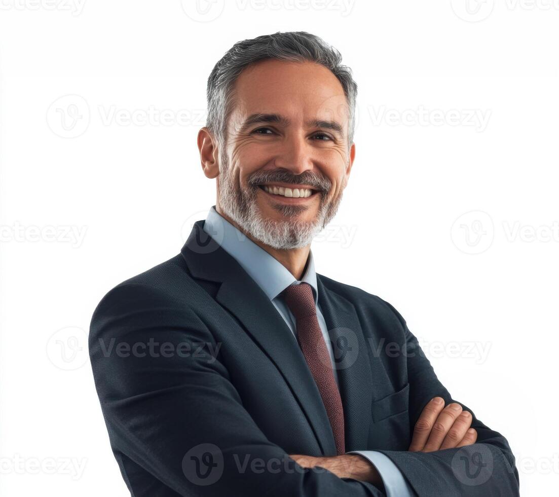Confident businessman smiling in formal attire with arms crossed on a bright background photo