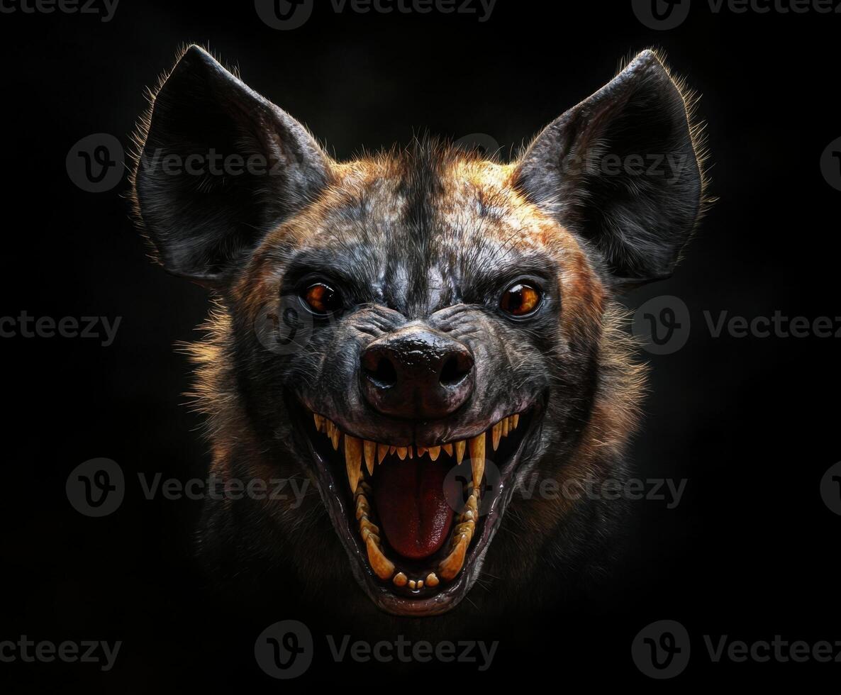 Fierce hyena displaying sharp teeth and intense gaze in dark surroundings photo