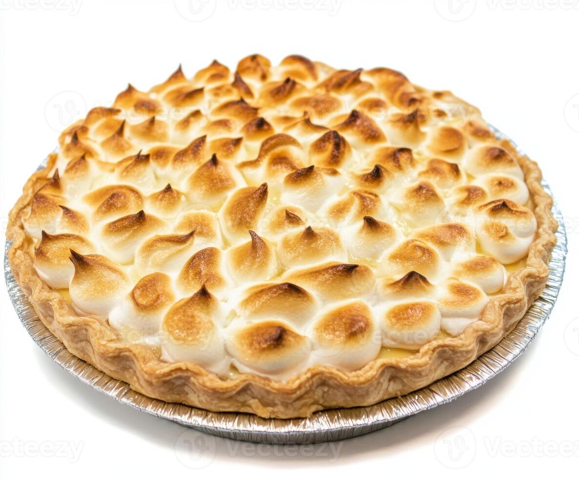 Meringue pie with golden peaks and flaky crust displayed on a round silver plate in a bright kitchen setting photo