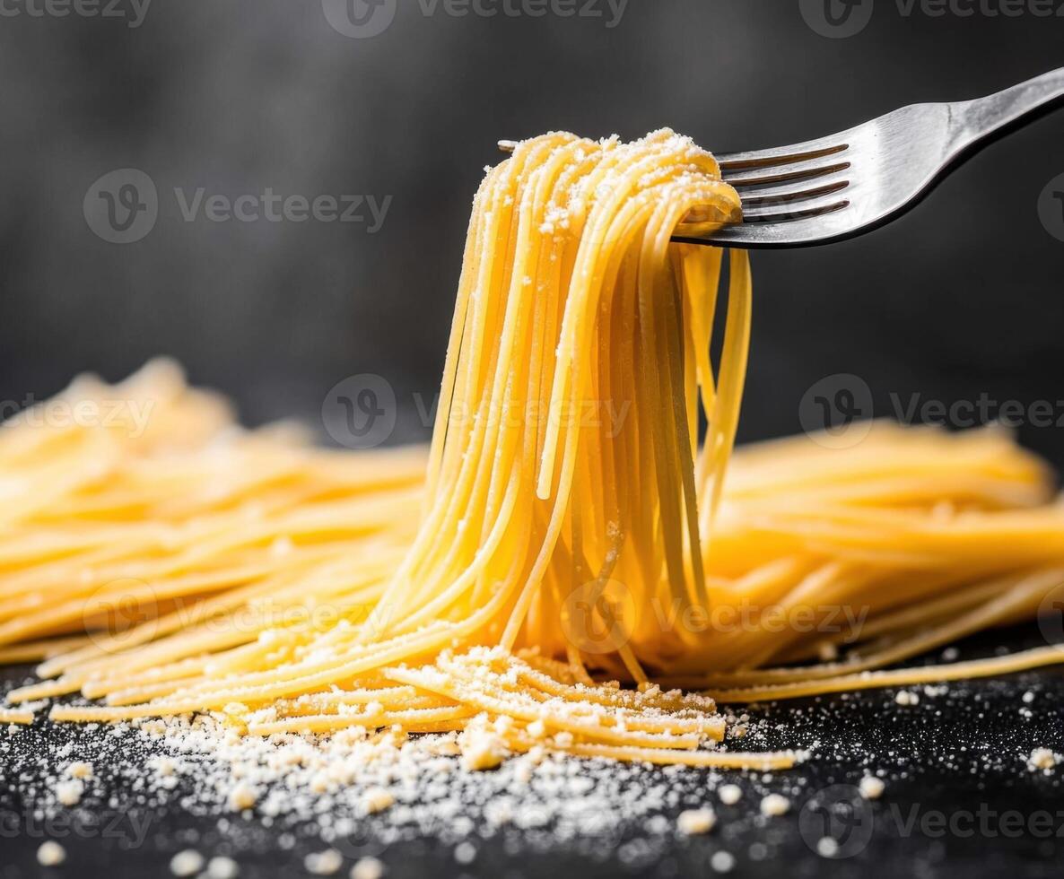 Delicious spaghetti served on a black surface with grated cheese and a fork lifting strands photo