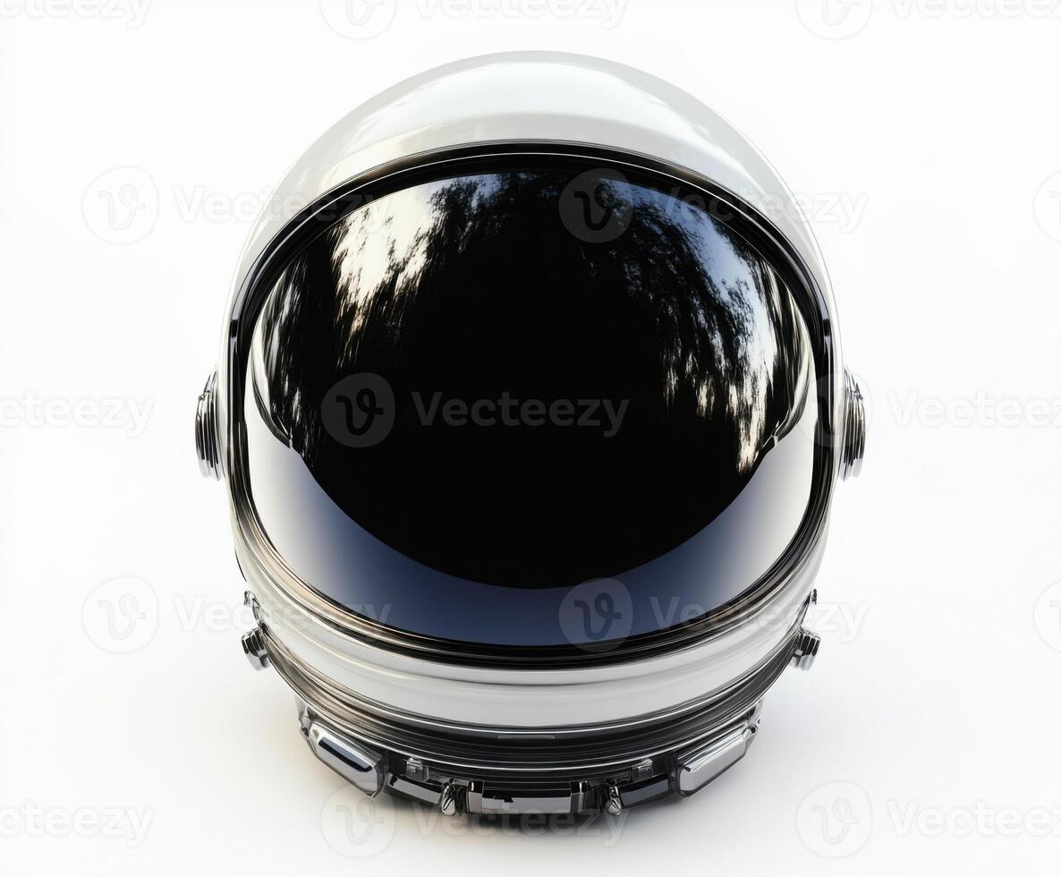 Astronaut helmet displayed against a white background highlighting its sleek design and reflective visor features photo