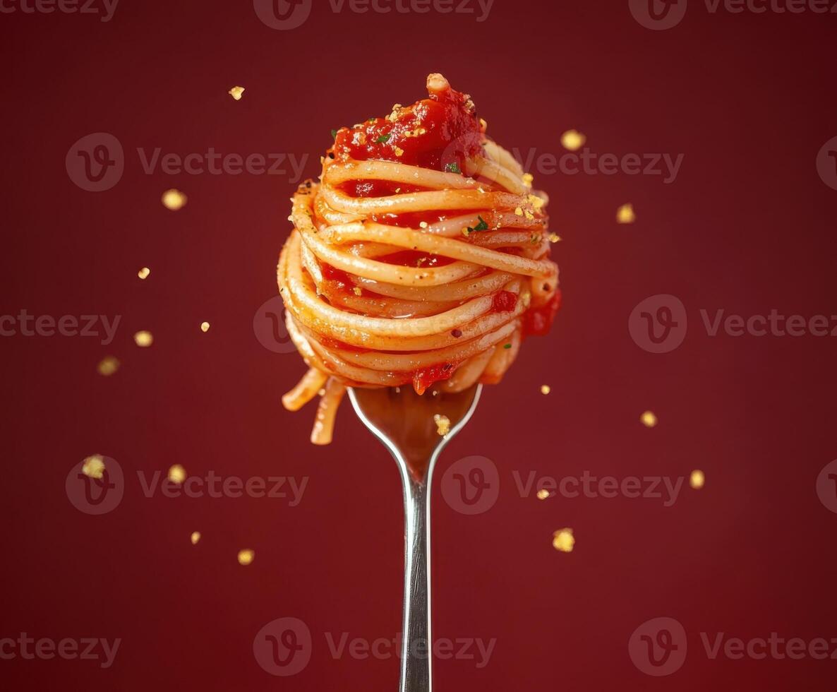 Spaghetti twirled on a fork with vibrant tomato sauce and golden flakes on a bold red background photo