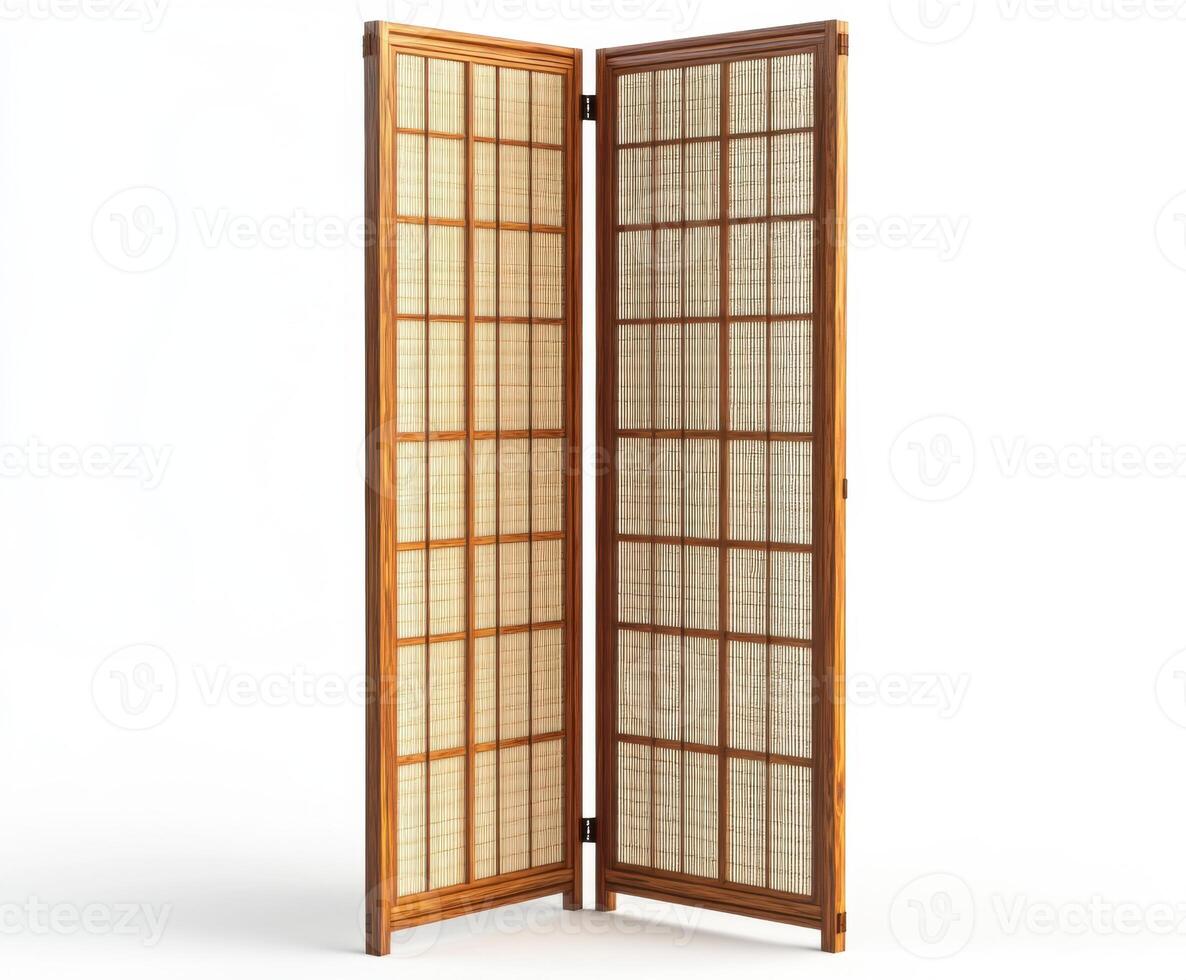 Decorative wooden folding screen with a traditional design in a contemporary setting photo