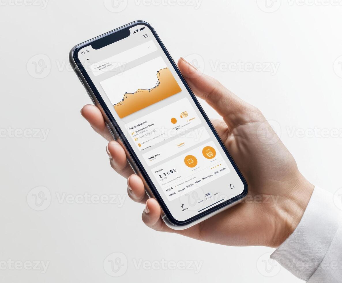 Hand holding a smartphone displaying financial data and analytics on a plain background photo
