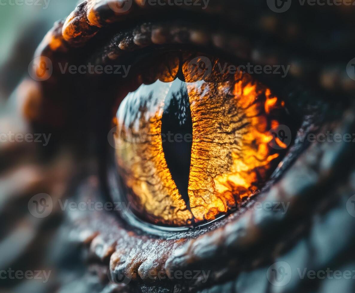 Close-up of a detailed dragon eye showcasing vibrant colors and intricate textures in a mystical forest setting photo