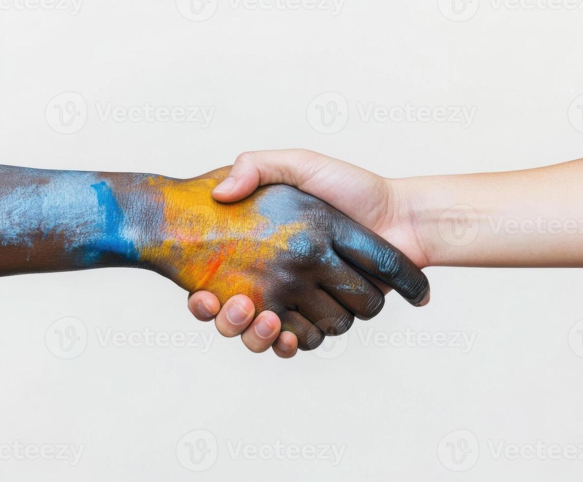 Colorful handshake symbolizes unity and collaboration between diverse individuals in a creative setting photo