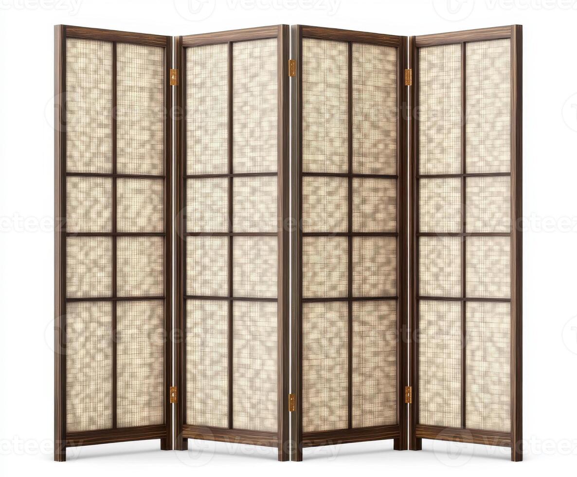 Decorative room divider featuring a four-panel design with a wooden frame and translucent screen photo