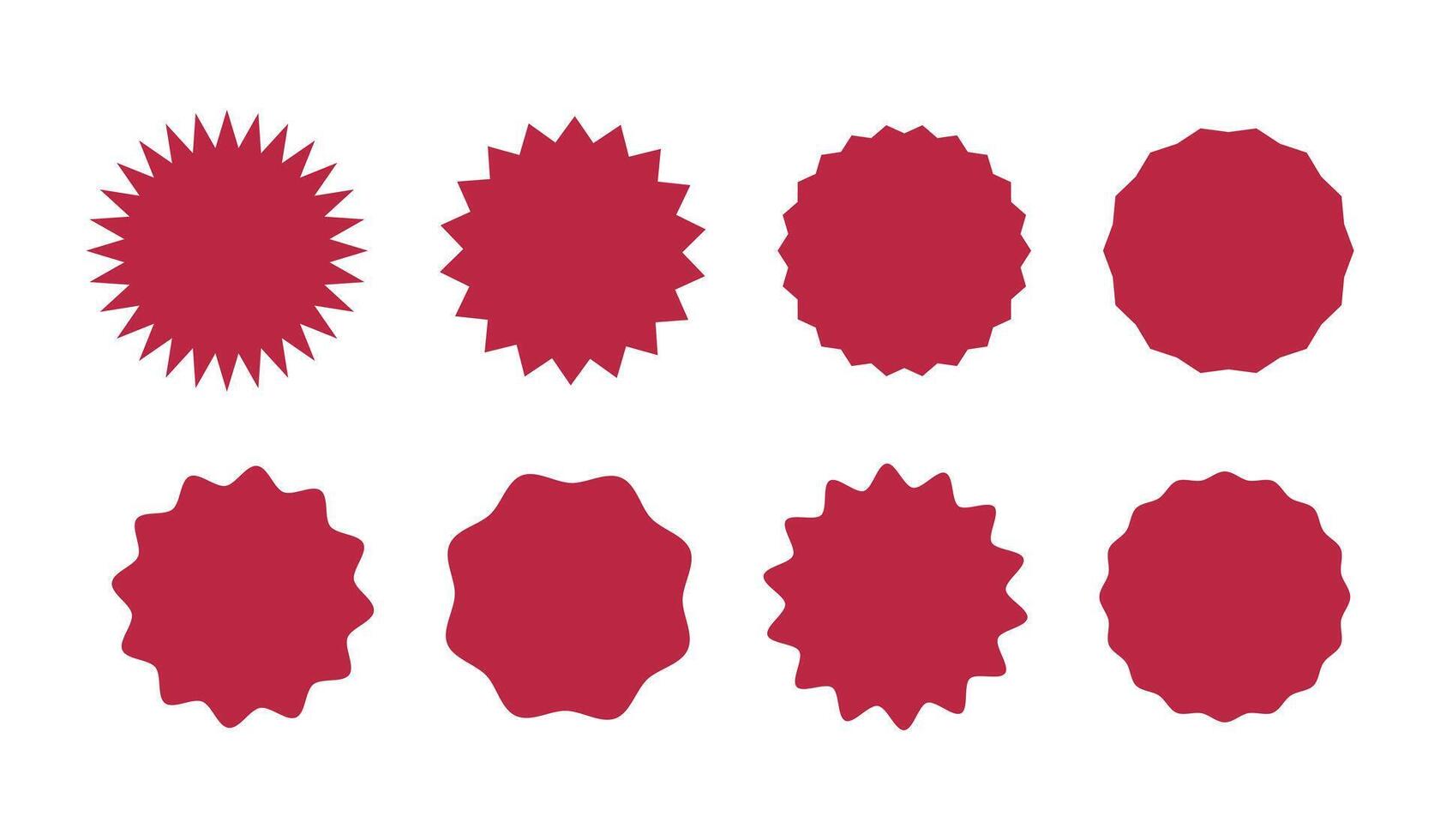Circle red stickers. Wavy edge promo round badges. Star burst shape tags for prices. Blank sale layout. Silhouette icons. Flat graphic vintage labels mockups isolated on a white background. vector