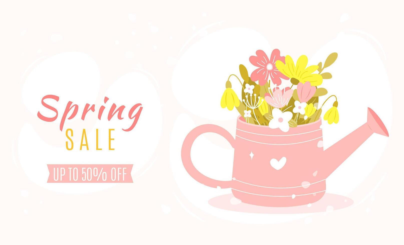 Spring sale banner template with beautiful flowers in watering can. Hand drawn flat cartoon style. Perfect for horizontal banner, poster, flyer, greeting card and so on vector