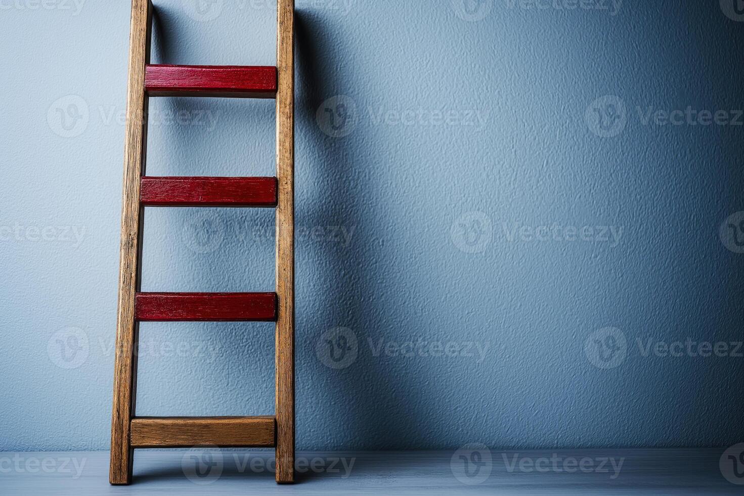 Red ladder against a blue background symbolizes the concept of challenge and chaos in creative thinking and problem-solving approaches photo