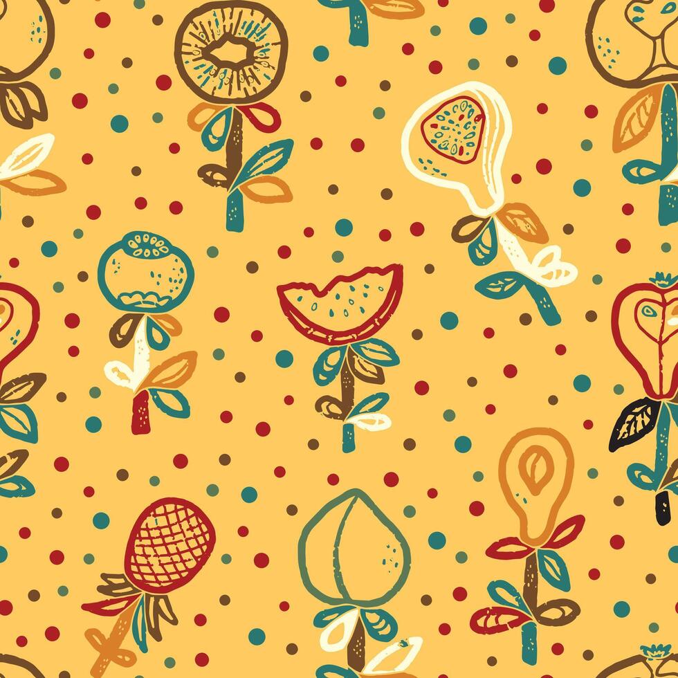 a pattern with flowers, and leaves on a yellow background vector