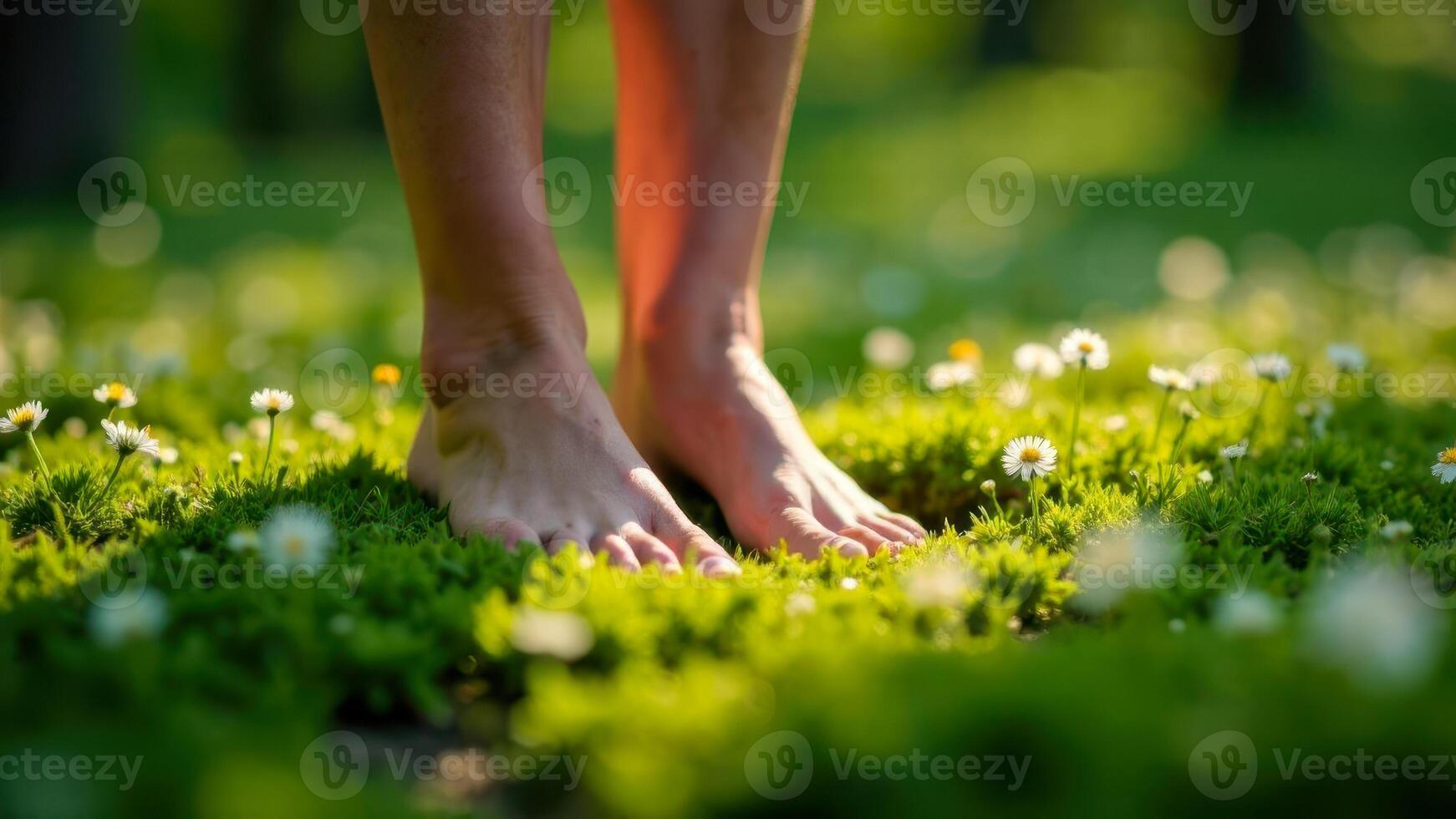 Bare feet standing on lush green grass surrounded by natural light and greenery photo