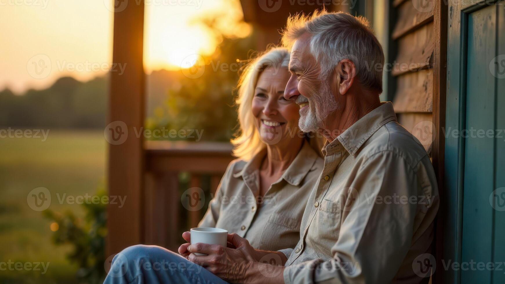 Senior couple sitting together on a porch at sunset in a countryside setting photo