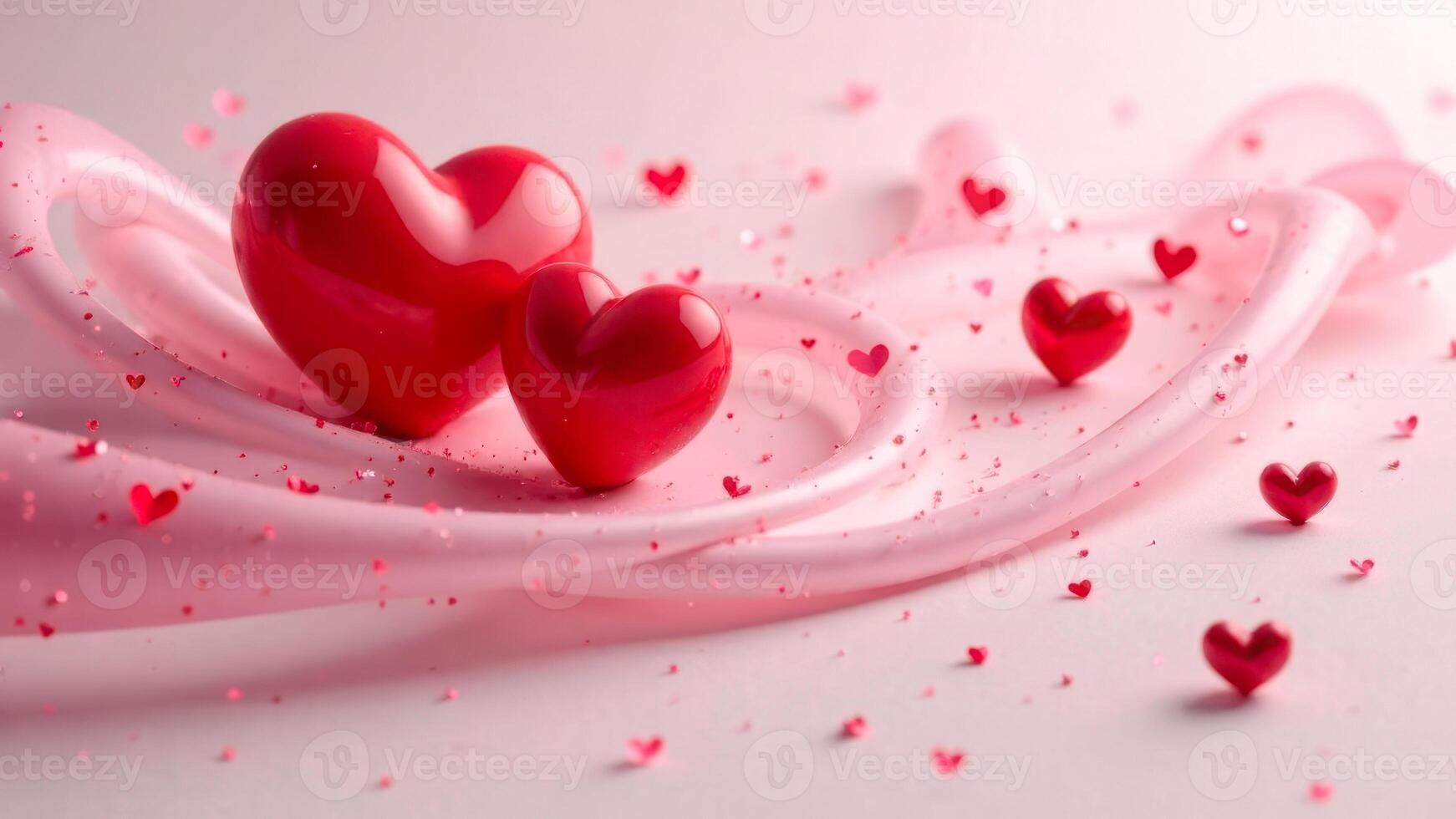 Glossy red hearts on a soft pink background with swirling white ribbons photo