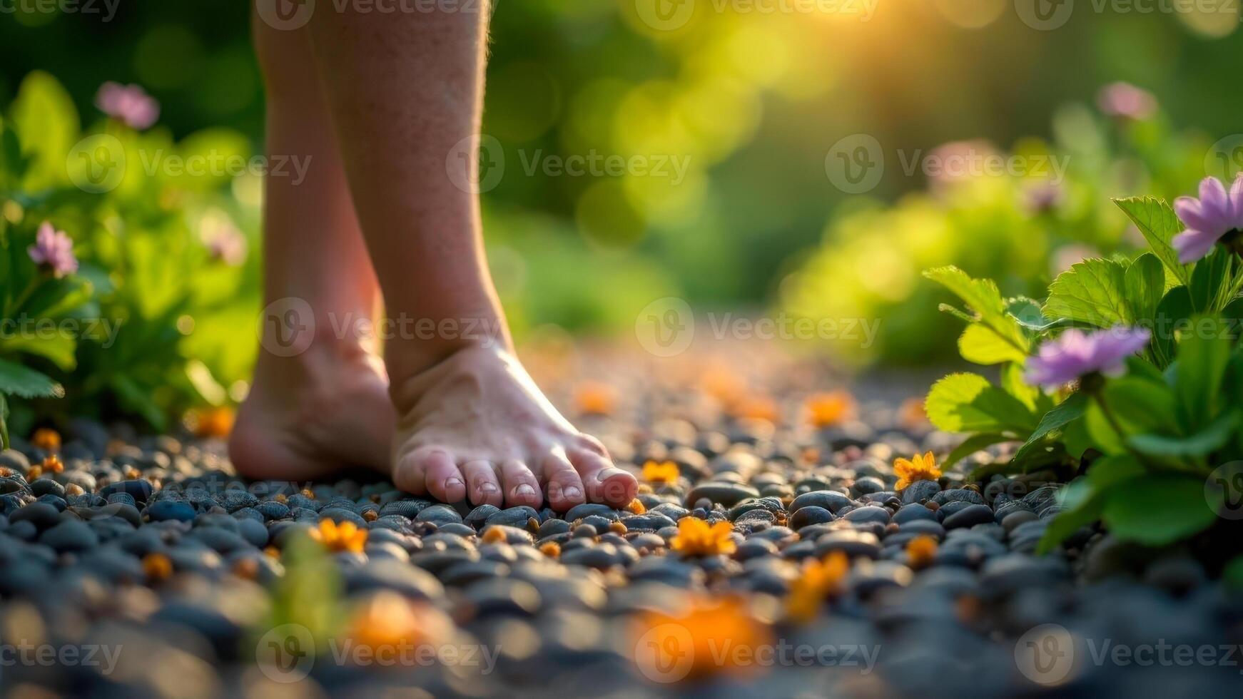 Bare feet walking on a pebble path surrounded by greenery and flowers photo