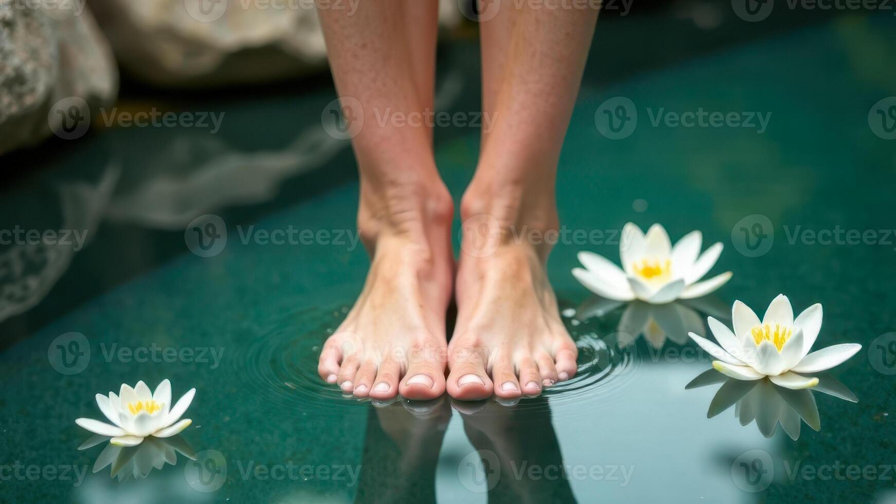 Bare feet immersed in a tranquil pool with floating white lotus flowers photo