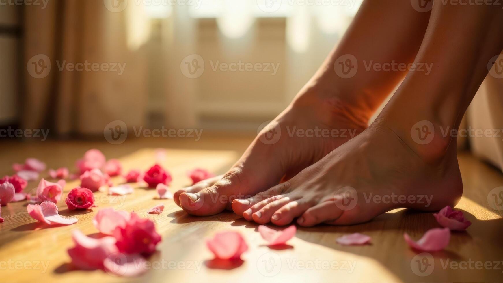 Bare feet surrounded by pink rose petals on a wooden floor in soft natural light photo