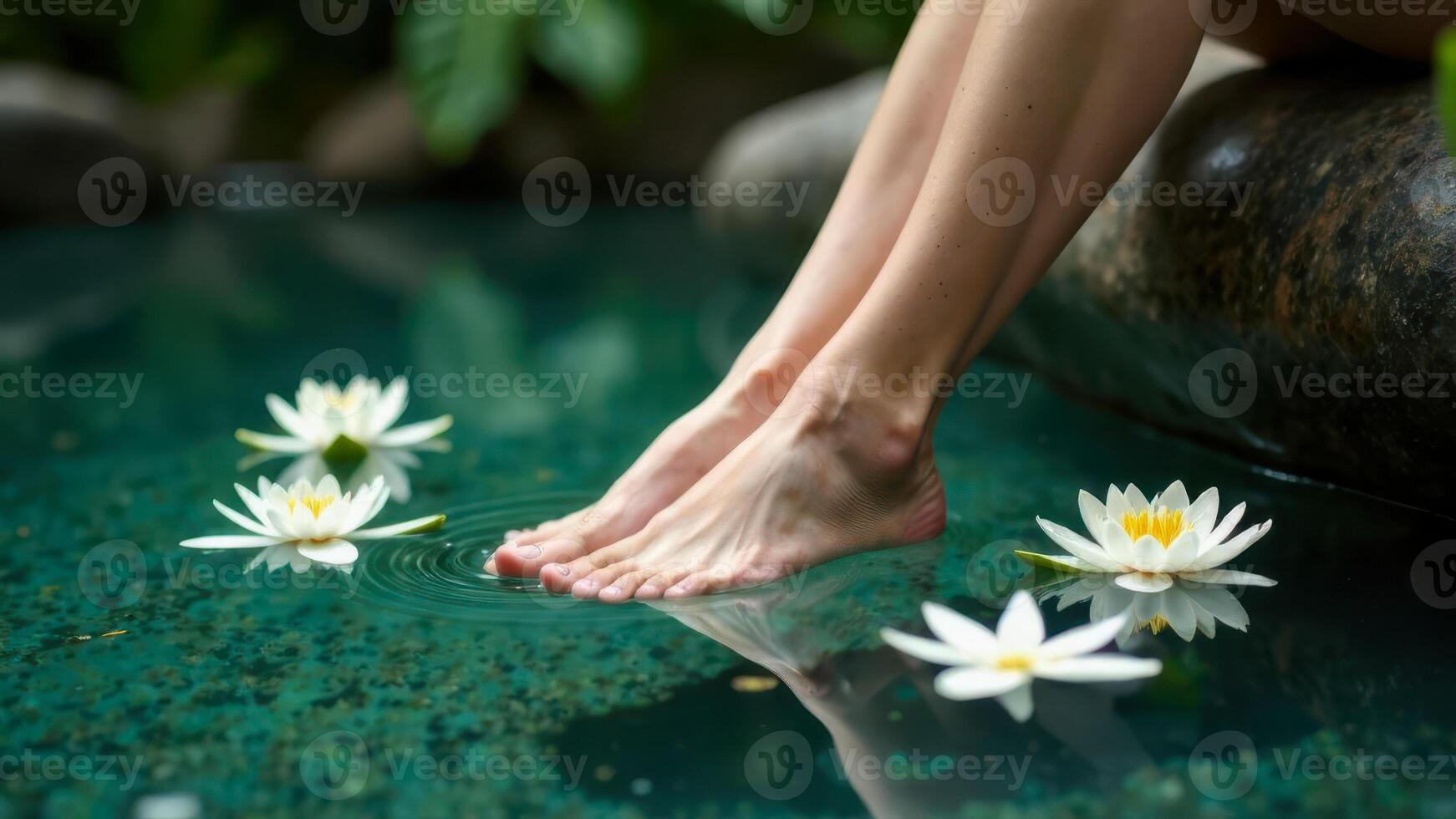 Feet resting in clear water with floating white lotus flowers in environment photo