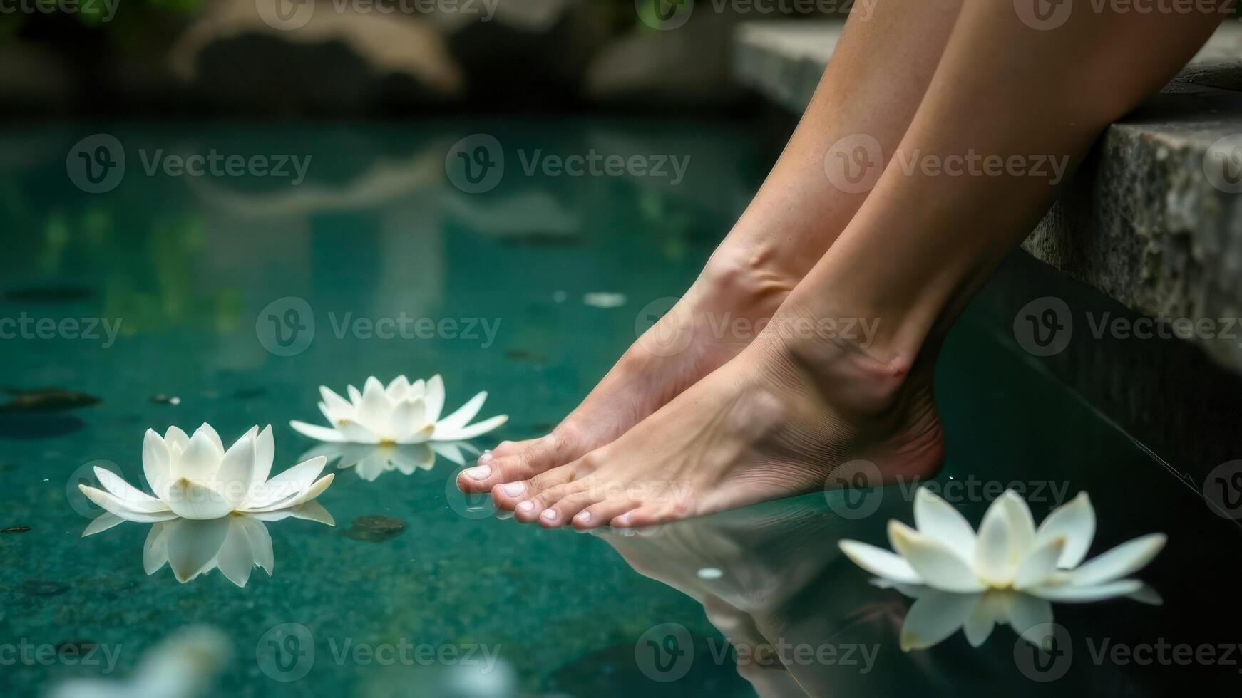 Bare feet gently dipping into a serene pool with white lotus flowers nearby photo