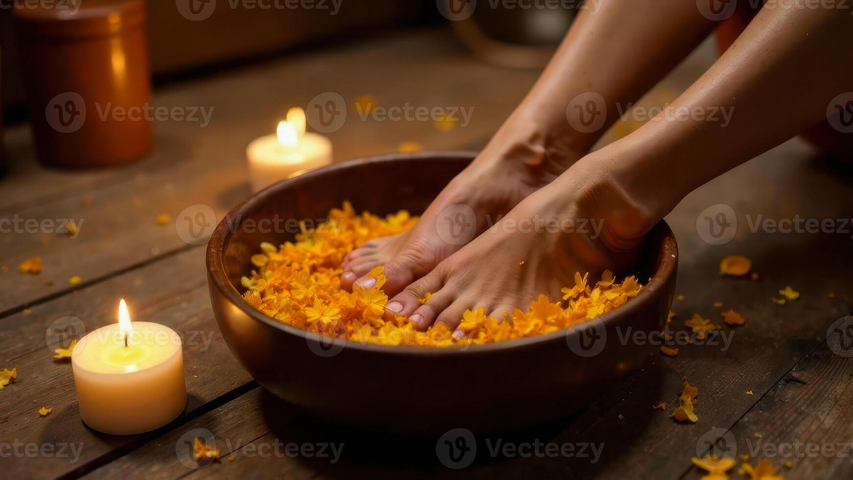 Feet soaking in a wooden bowl with marigold flowers and glowing candles around photo