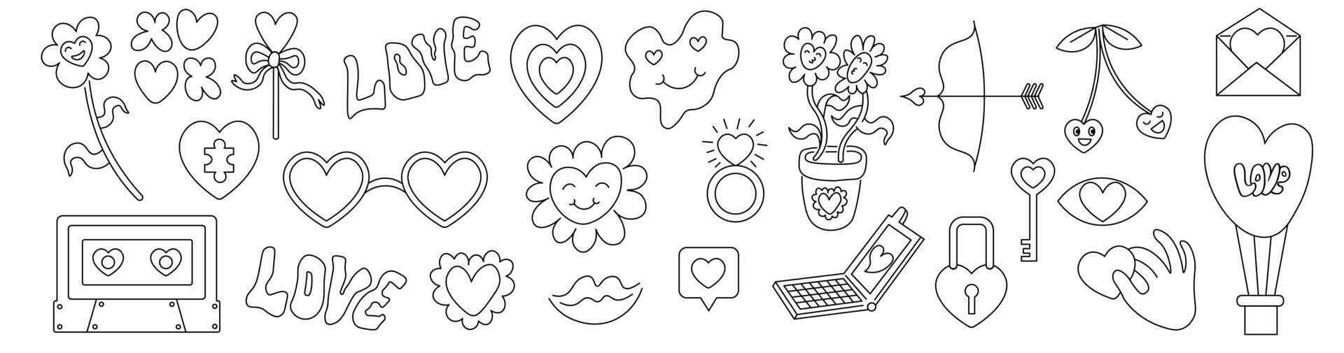 linear set of valentines day elements in doodle style. Icons for decoration design mail posts postcards poster print invitation background backdrop wrapping wallpaper vector