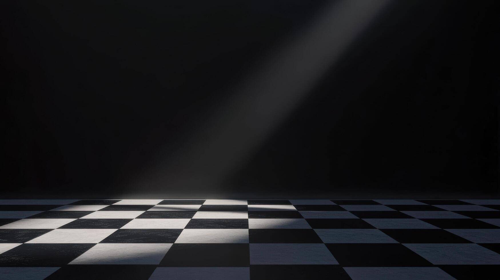 Light rays illuminate a checkered floor in a dark room creating a dramatic atmosphere for artistic expression photo