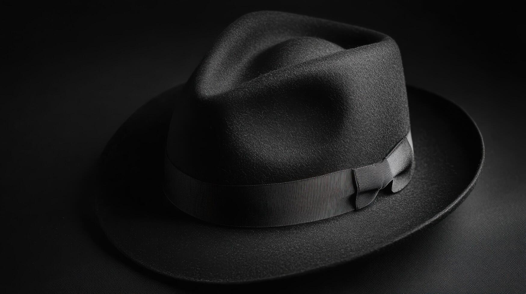 Timeless elegance of a classic black fedora hat showcased against a dark backdrop in a stylish fashion display photo