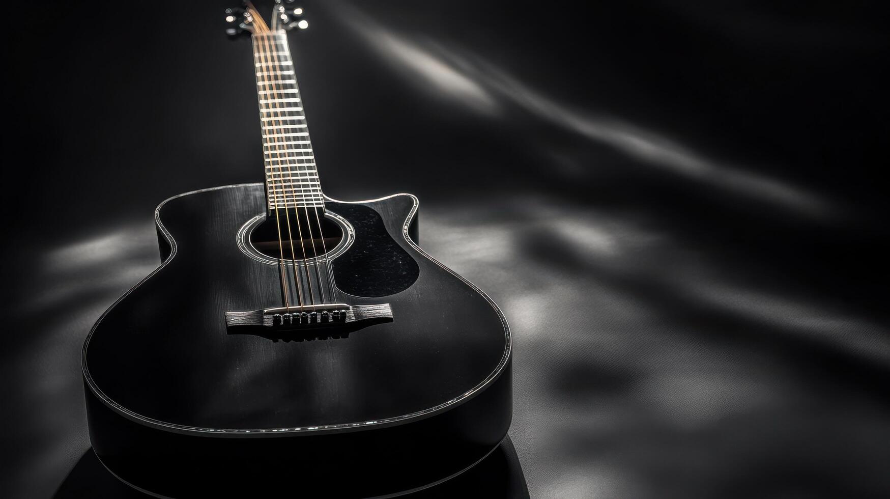 Elegant black acoustic guitar on a dark backdrop with soft lighting highlighting its features and craftsmanship photo