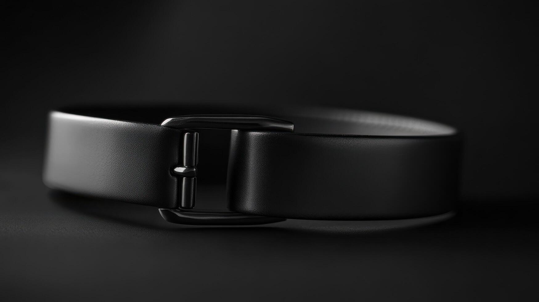 Elegant black belt displayed in a minimalist style with a focus on its smooth design and metallic buckle photo