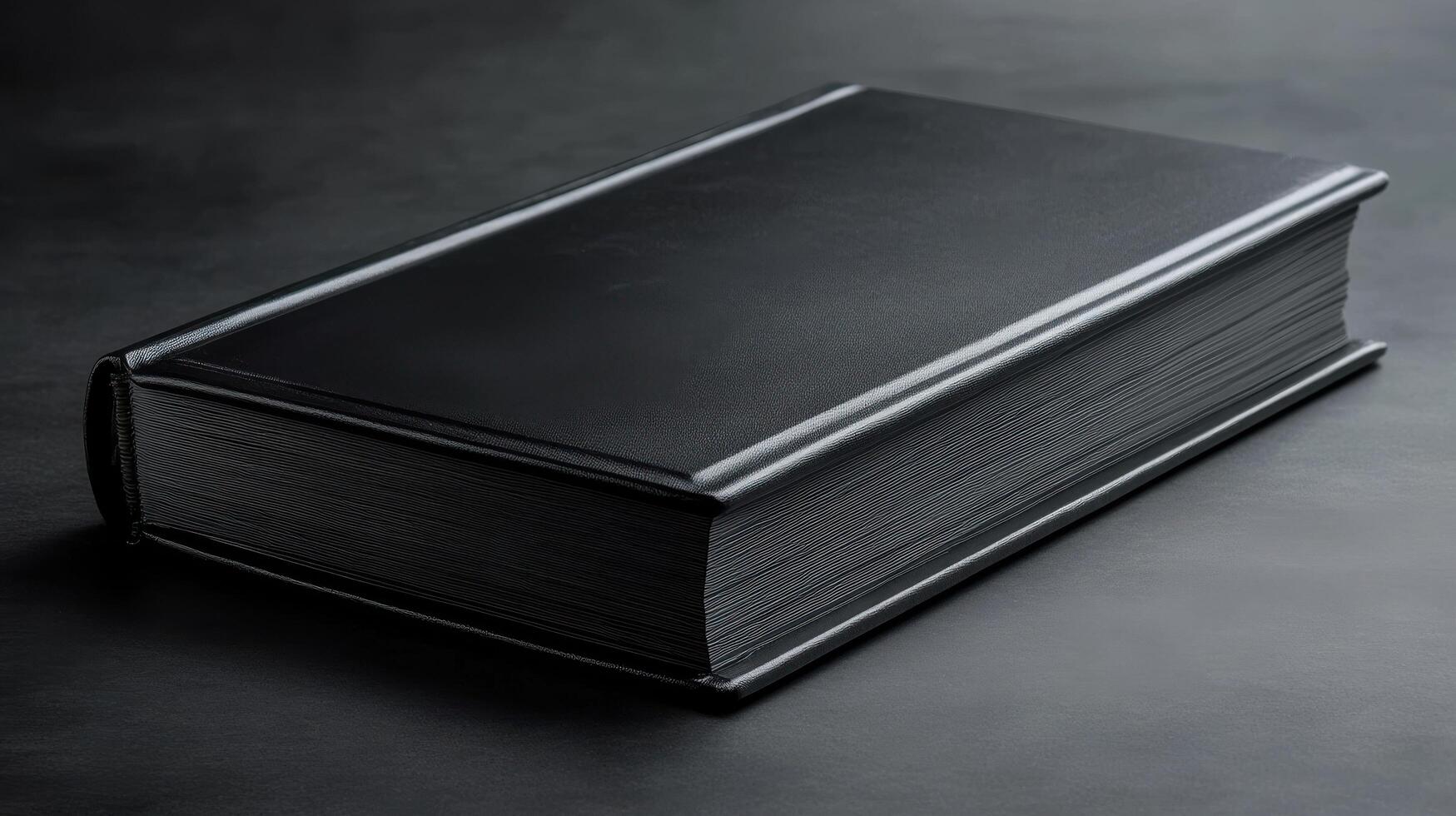 Black leather-bound book resting on a dark surface, highlighting its elegant design and craftsmanship in a minimalist setting photo
