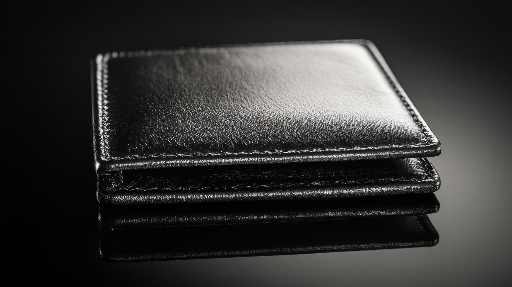 Elegant black leather wallet resting on a reflective surface, showcasing sleek design and craftsmanship photo