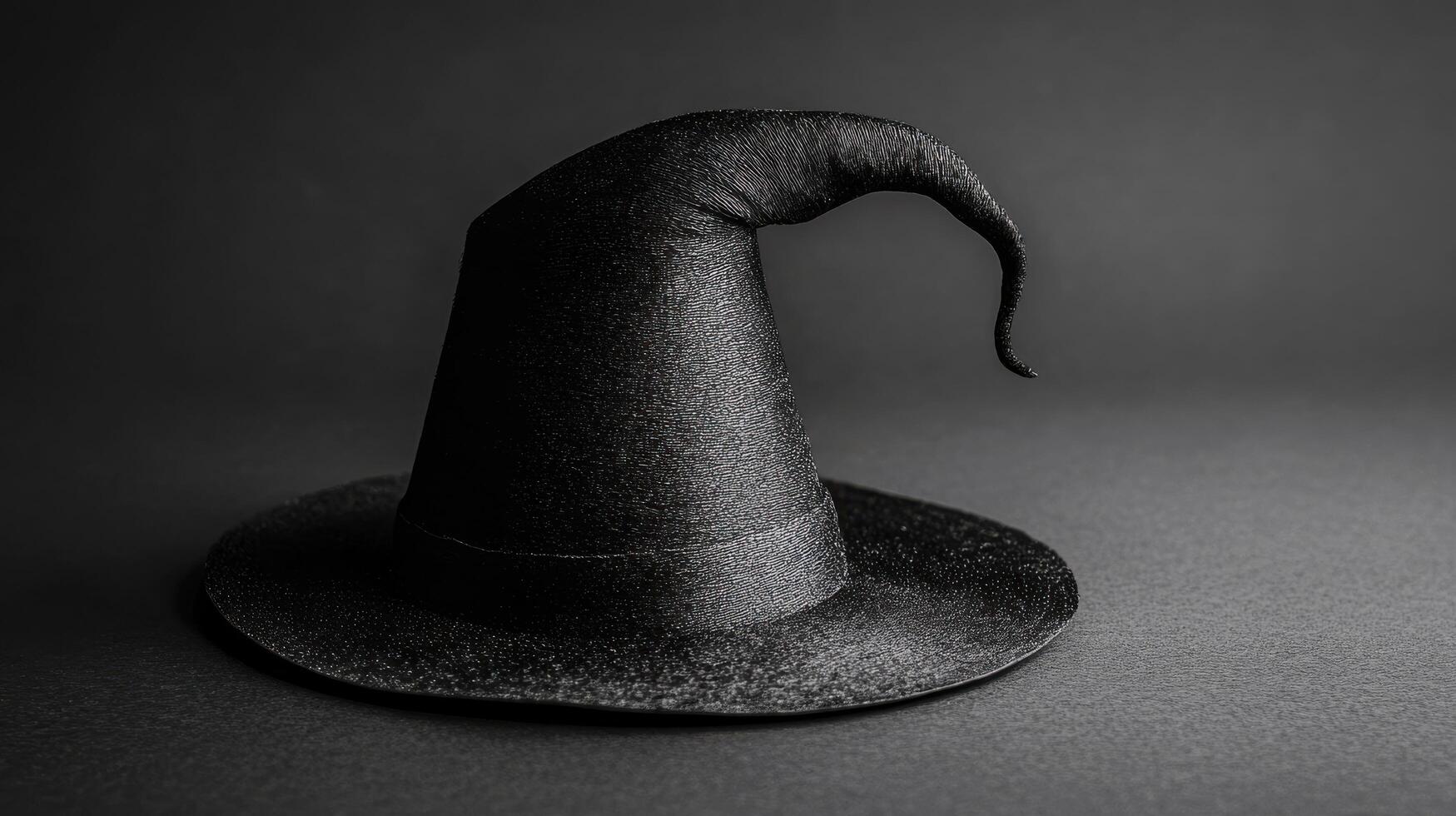 Elegant black witch hat resting on a dark surface, highlighting its pointed design and unique texture in the dim light photo