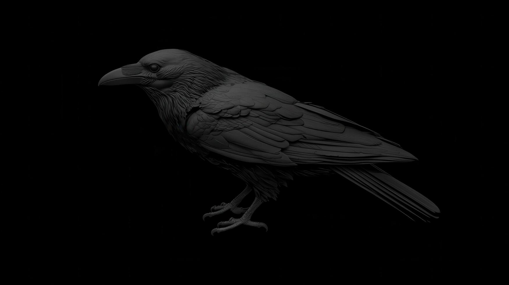 Black raven standing still against a dark background, showcasing intricate feather details and a natural pose for artistic appreciation photo