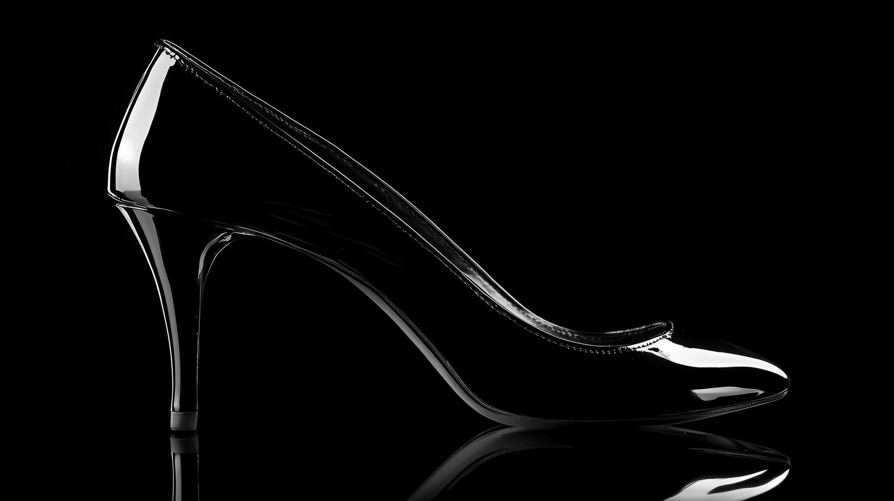 Elegant black high heel shoe displayed against a dark background to highlight its sleek design and glossy finish photo