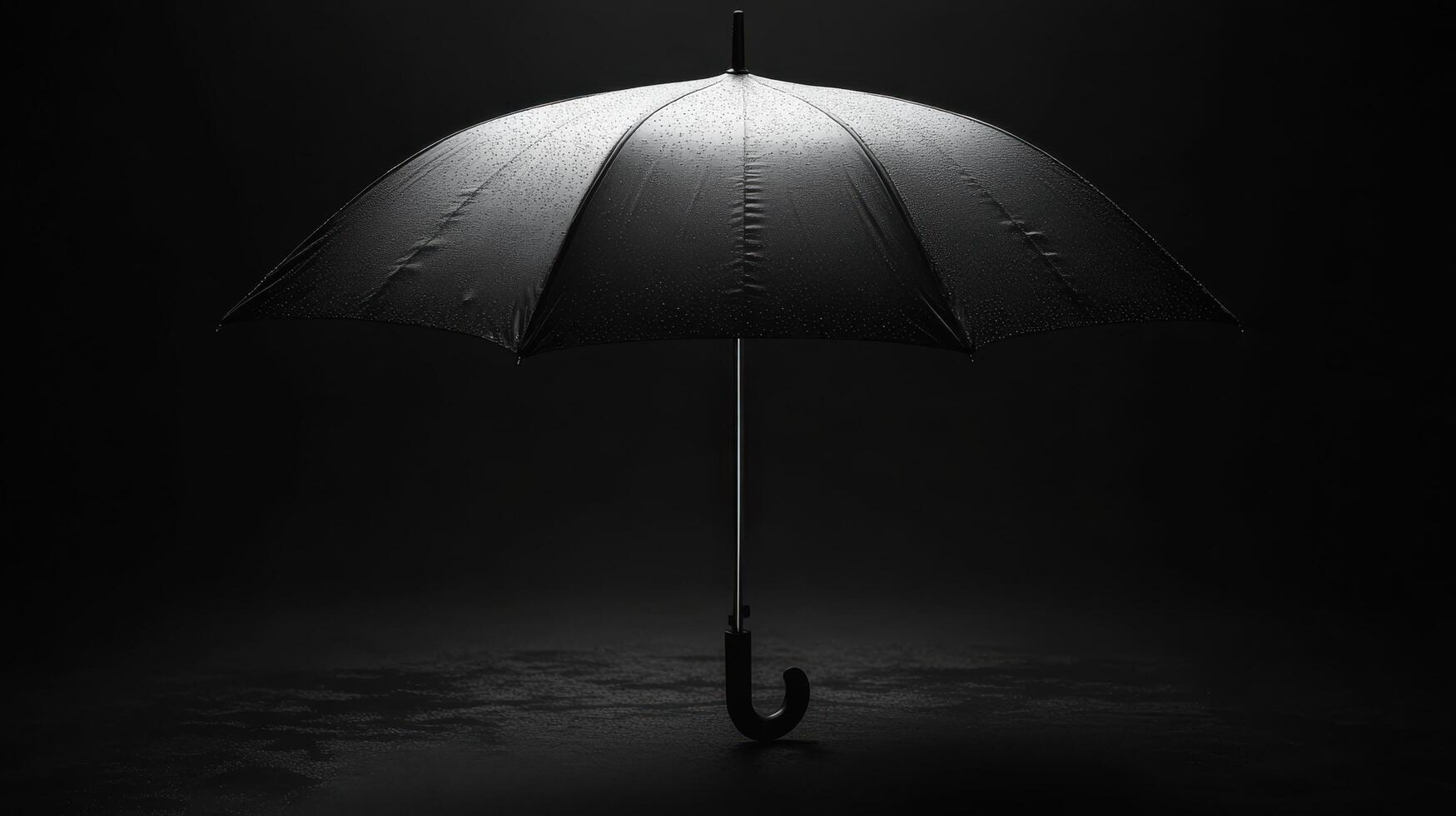 Dark and elegant black umbrella resting on wet surface with droplets reflecting subtle light photo
