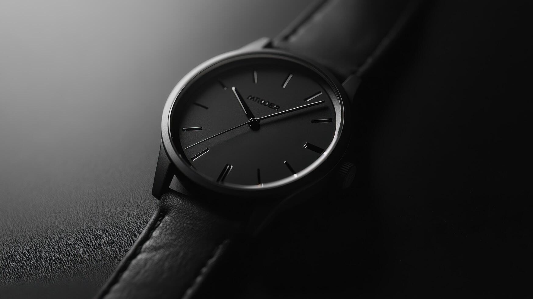 Elegant black wristwatch resting on a dark surface creates a timeless and minimalist aesthetic in soft lighting photo