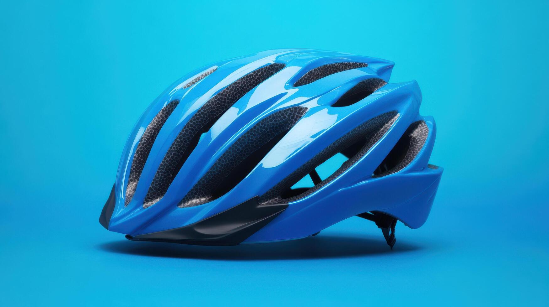 Bright blue bicycle helmet on a vibrant blue background for cycling safety gear promotion during summer activities photo