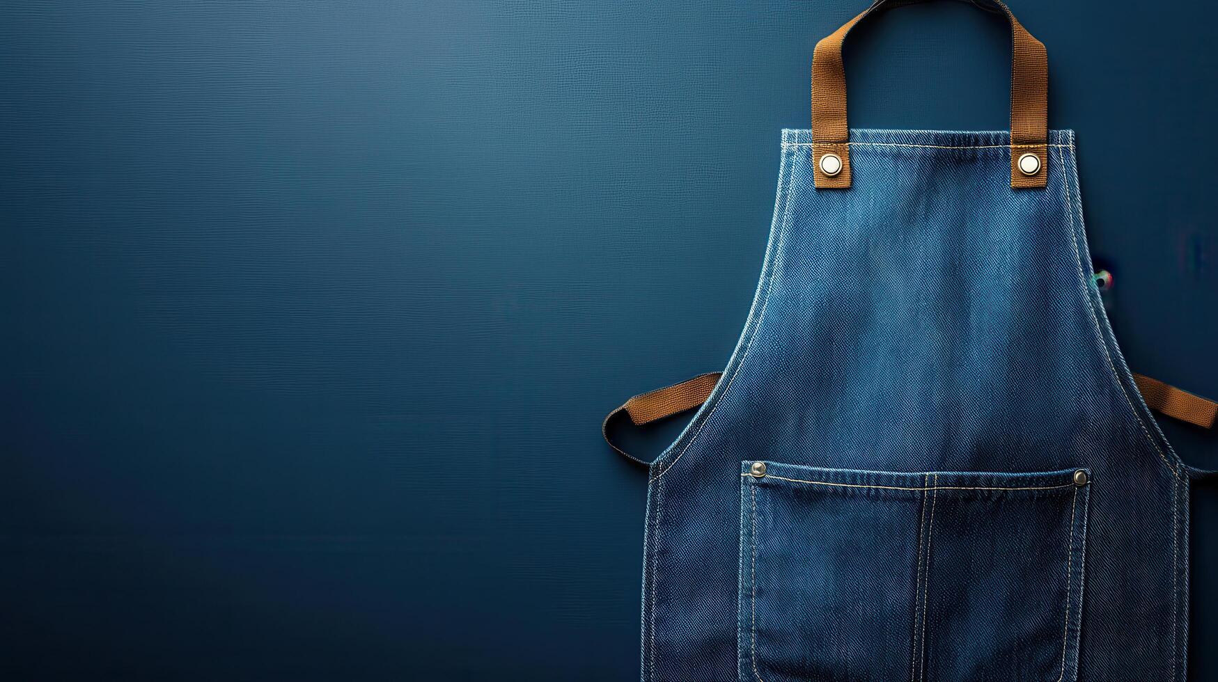 Denim apron hanging against a dark blue background, perfect for culinary or crafting activities at home or in a studio photo