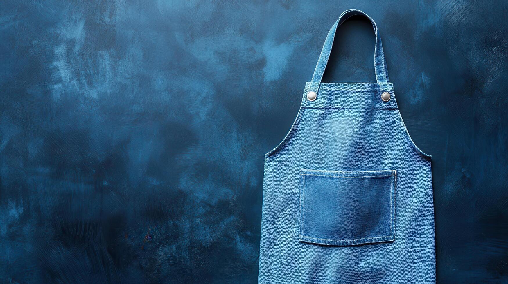 Denim apron hanging against a textured blue wall in a cozy kitchen setting photo