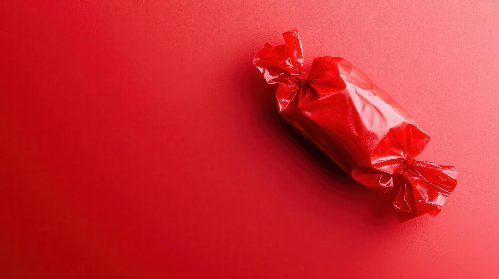 A red wrapped candy wrapped in plastic on a red background photo