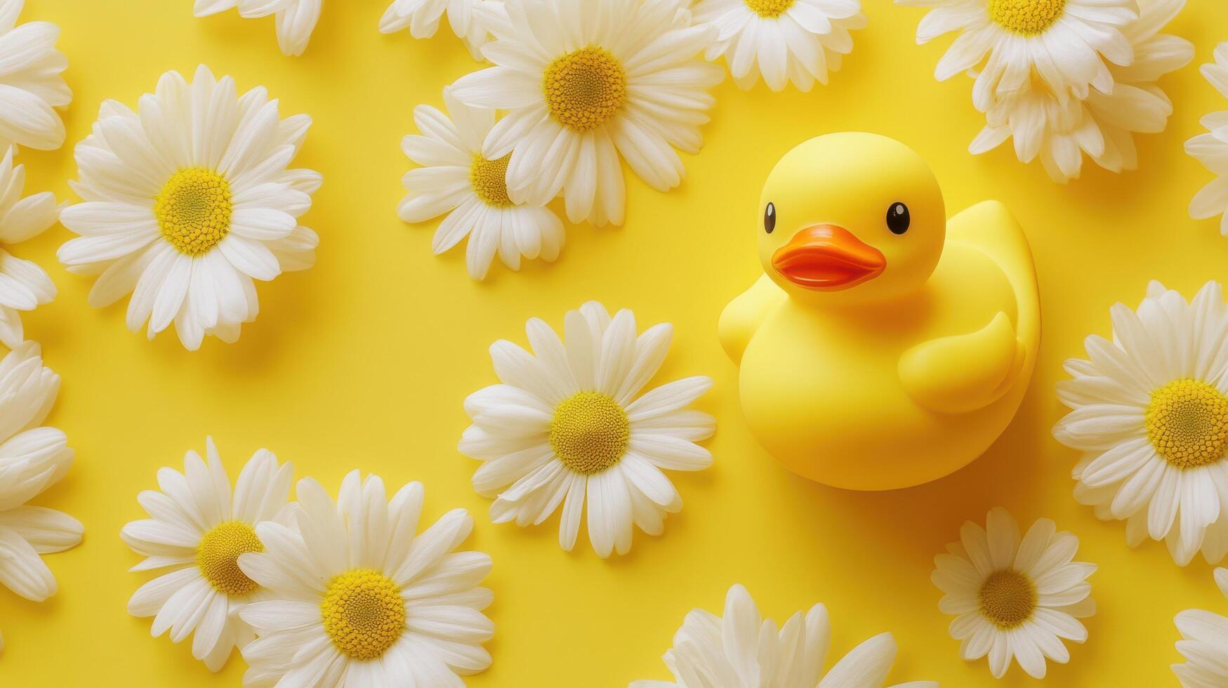 A yellow rubber duck surrounded by white daisies photo