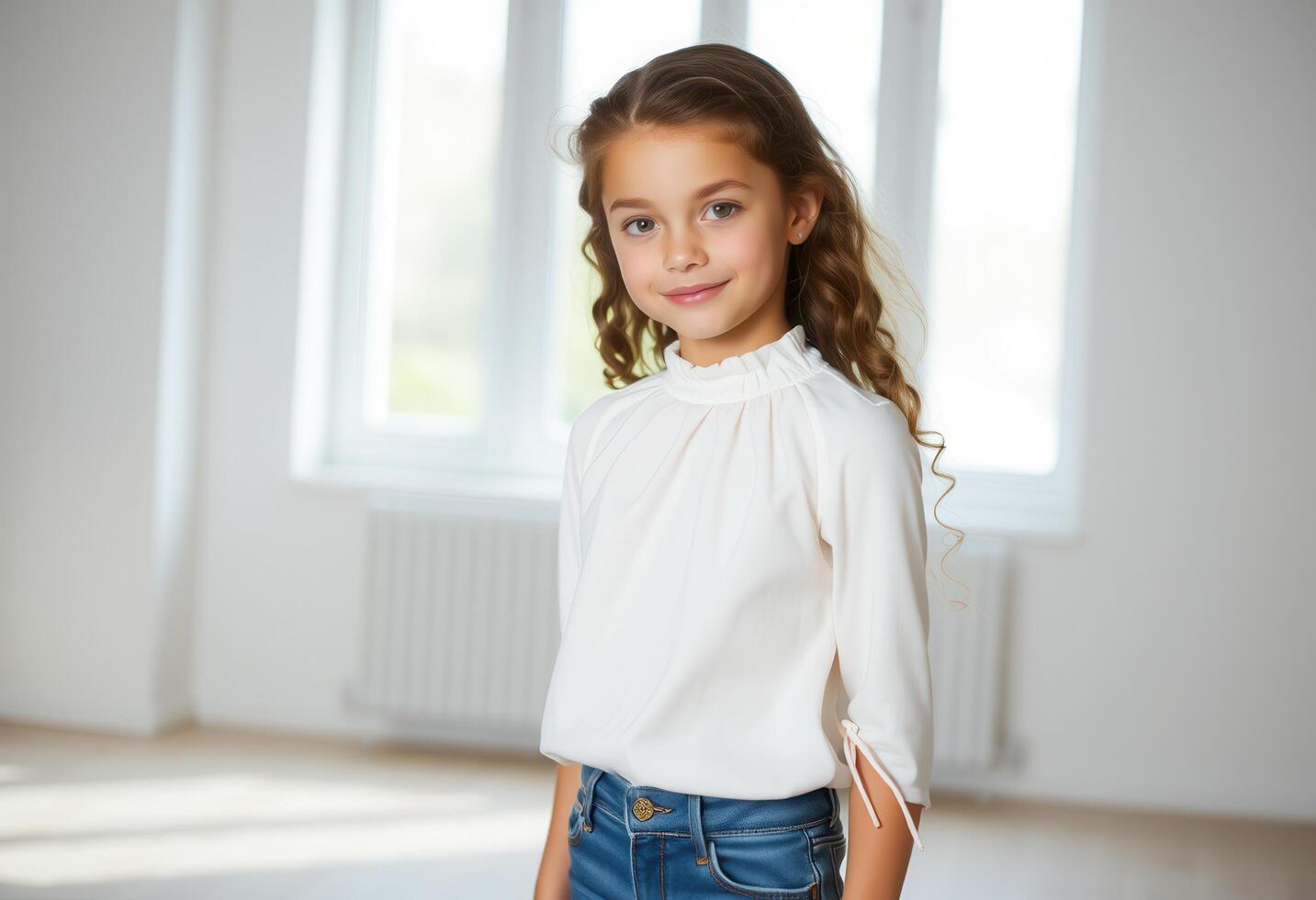 Young girl with long brown hair wearing a white blouse and blue jeans photo