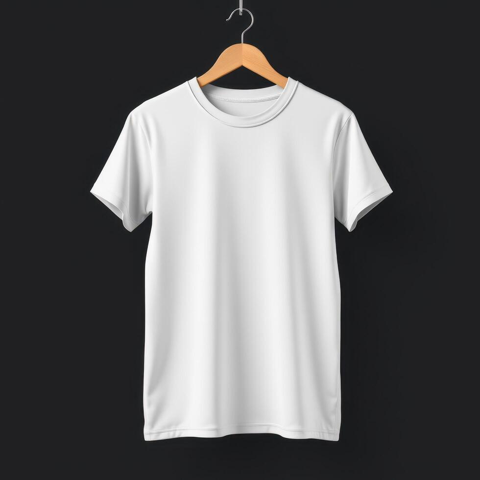 Blank White T-Shirt Hanging on a Wooden Hanger Against a Black Background photo